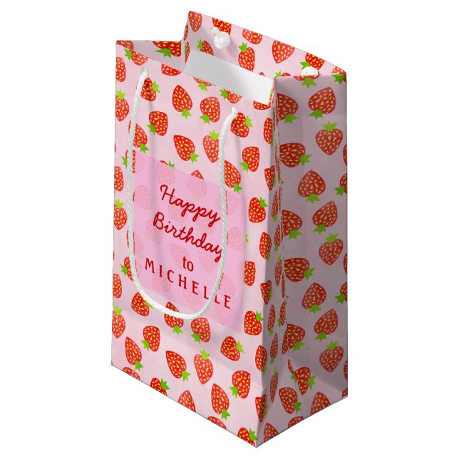 Pretty Strawberry Pattern Personalised Birthday Small Gift Bag (Front Angled)