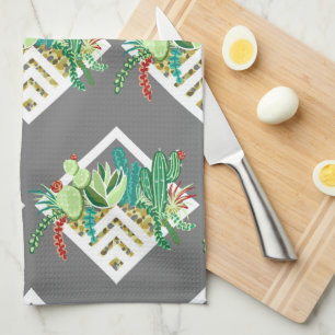 Pretty Succulents & Cactus Geometric Terrariums Tea Towel