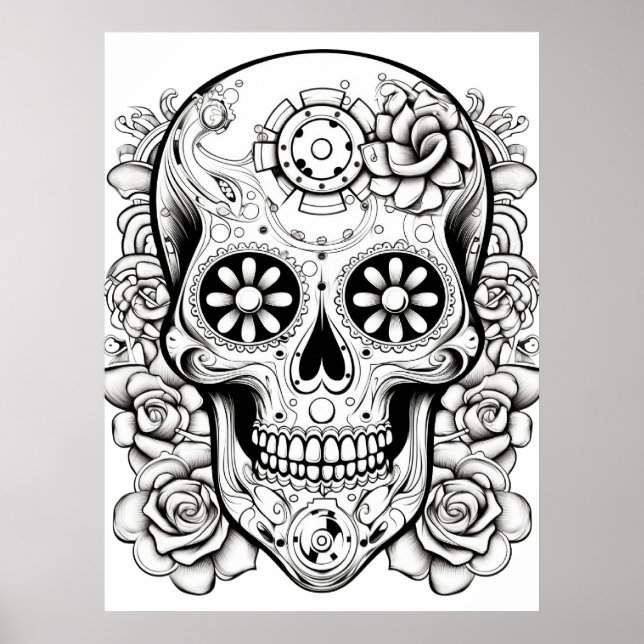 Pretty Sugar Skull Image Black + White Art on Wall Poster (Front)