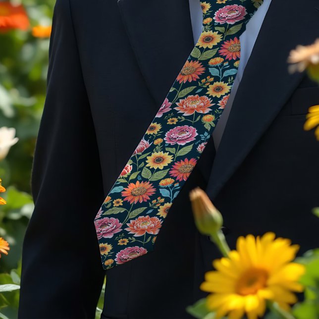 Pretty Summer flowers colourful floral on black. Tie (Vibrant floral tie on black, for outdoor summer weddings or work. Great groom or groomsman gift.)