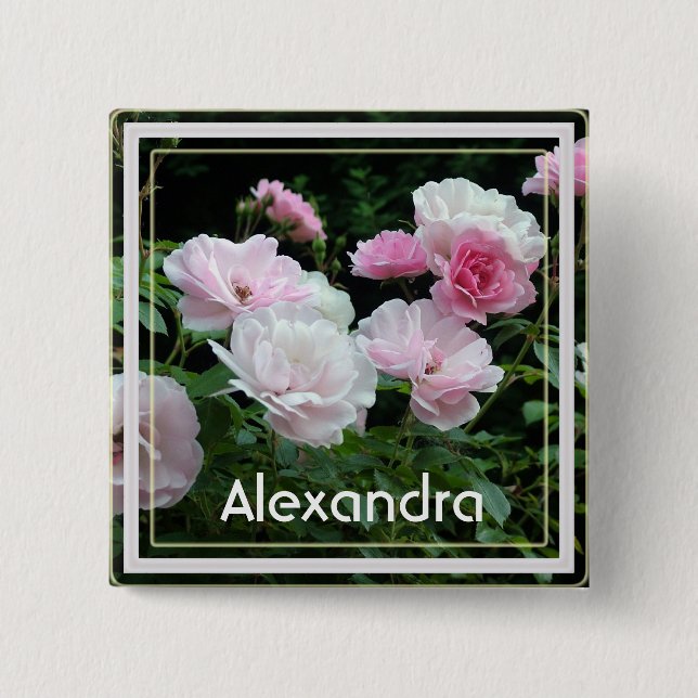 Pretty summer pink rose flowers name pin (Front)