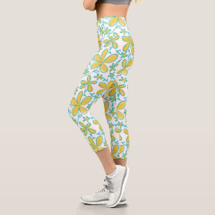 Pretty summer Yellow and Turquoise flower pattern Capri Leggings