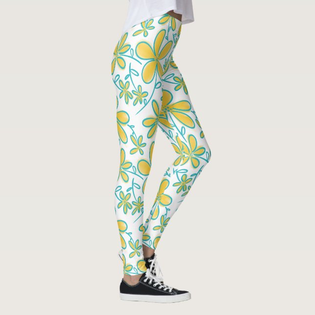 Pretty summer Yellow and Turquoise flower pattern Leggings (Right)