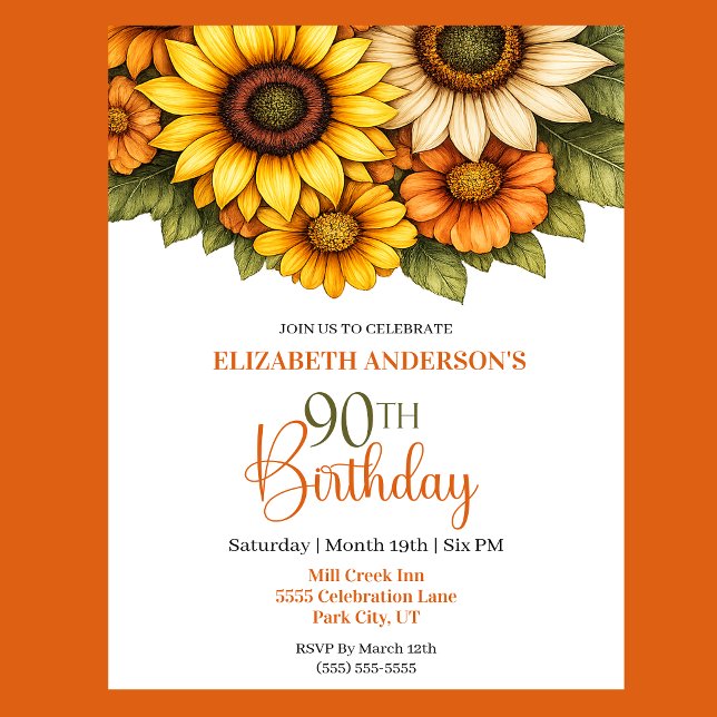 Pretty Sunflower 90th Birthday Invitation (Pretty Sunflower 90th Birthday Invitation For Women.)