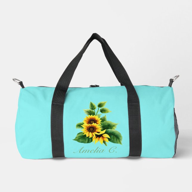 Pretty Sunflower & Name on Teal Background Duffle Bag (Front)