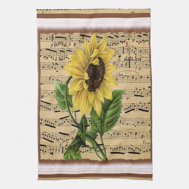 Pretty Sunflower On  Music Tea Towel (Vertical)