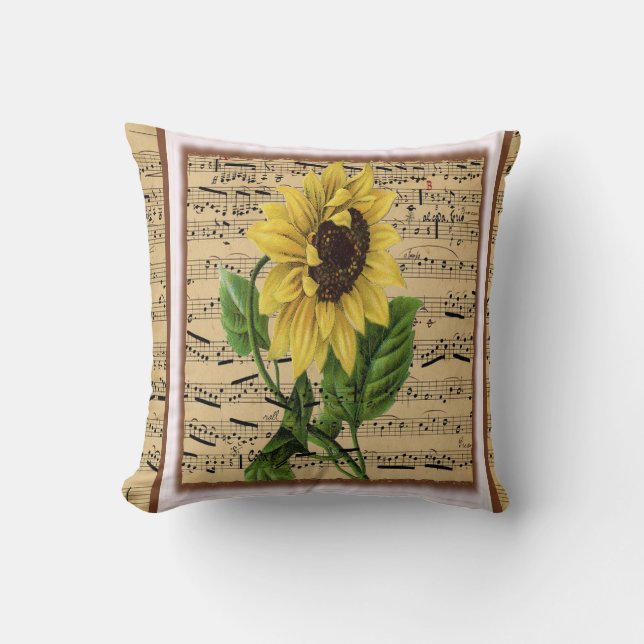 Pretty Sunflower On Vintage Sheet Music Cushion (Front)
