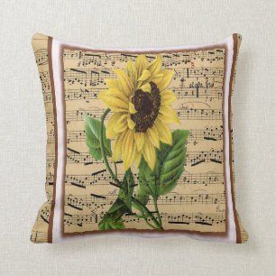 Pretty Sunflower On Vintage Sheet Music Cushion