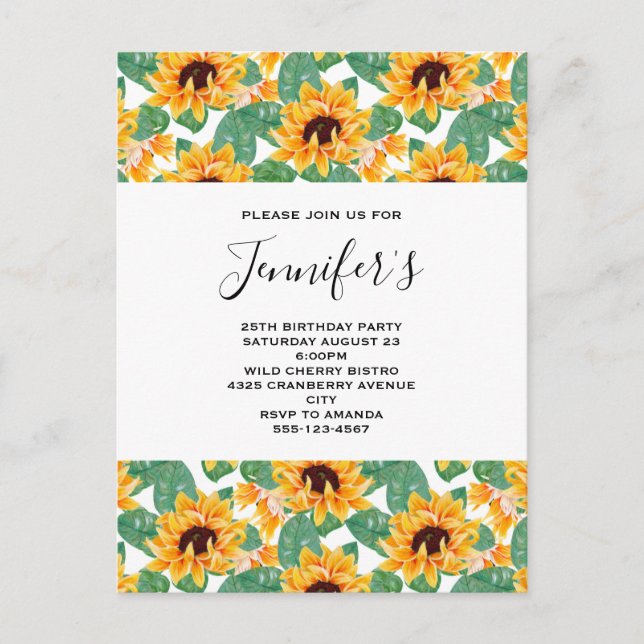 Pretty Sunflower Pattern Yellow & Green Birthday Invitation Postcard (Front)