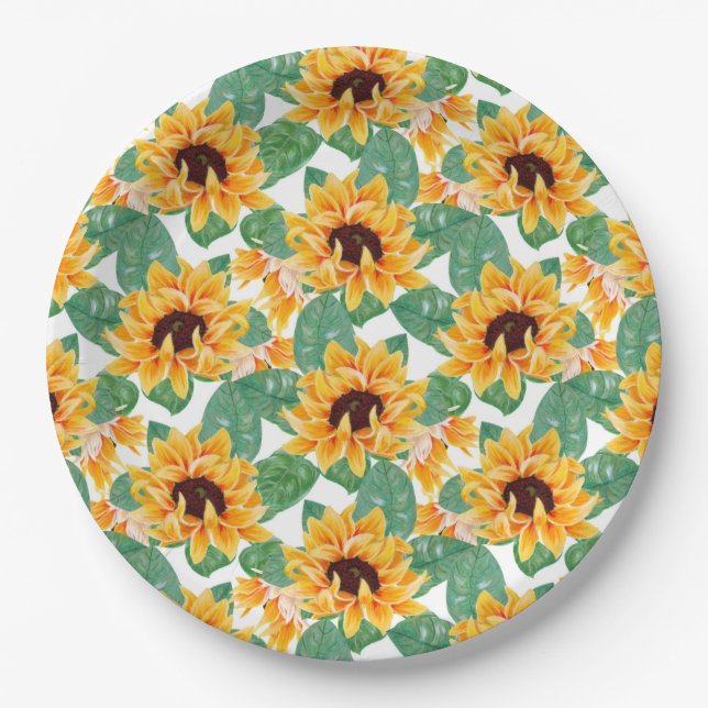Pretty Sunflower Yellow & Green Pattern Paper Plate (Front)