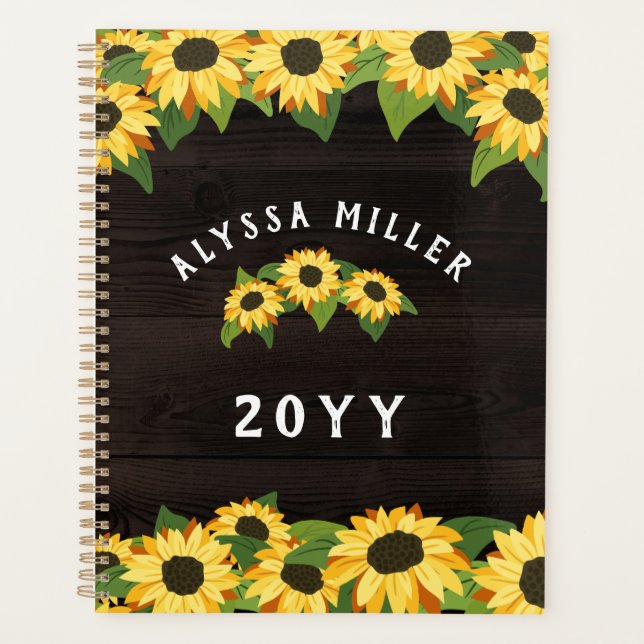 Pretty Sunflowers & Rustic Wood Name Planner (Front)
