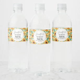 Pretty Sunflowers Yellow & Green Pattern Birthday Water Bottle Label