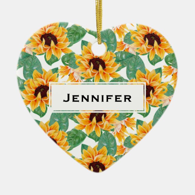 Pretty Sunflowers Yellow & Green Pattern Ceramic Tree Decoration (Front)