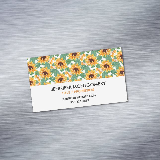 Pretty Sunflowers Yellow & Green Pattern Magnetic Business Card (In Situ)
