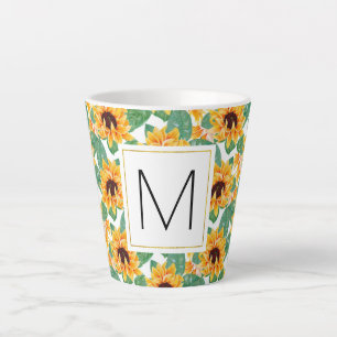 Pretty Sunflowers Yellow & Green Pattern Monogram Latte Mug