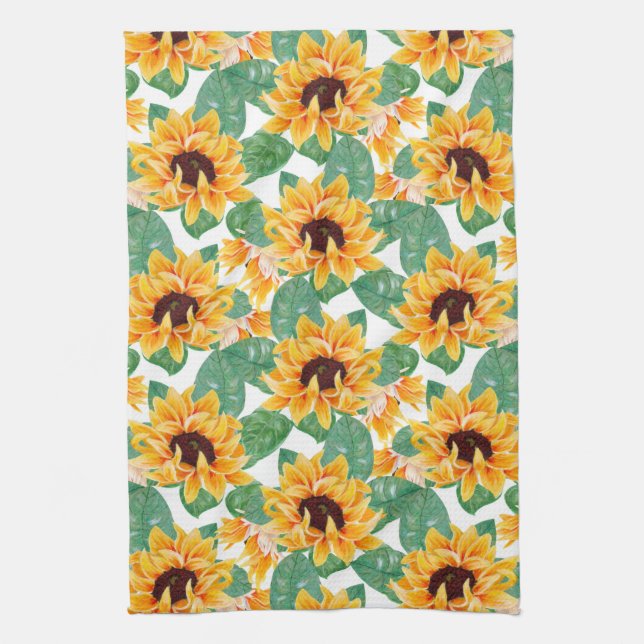 Pretty Sunflowers Yellow & Green Pattern Tea Towel (Vertical)