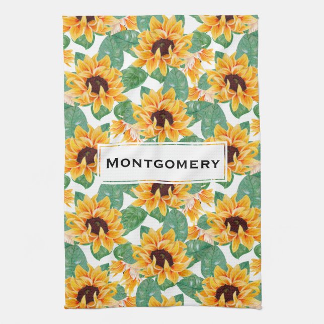 Pretty Sunflowers Yellow & Green Pattern Tea Towel (Vertical)