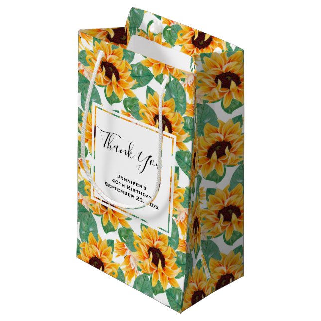 Pretty Sunflowers Yellow & Green Pattern Thank You Small Gift Bag (Front Angled)