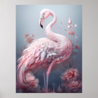 Pretty Surreal Abstract Pink Flamingo on Grey
