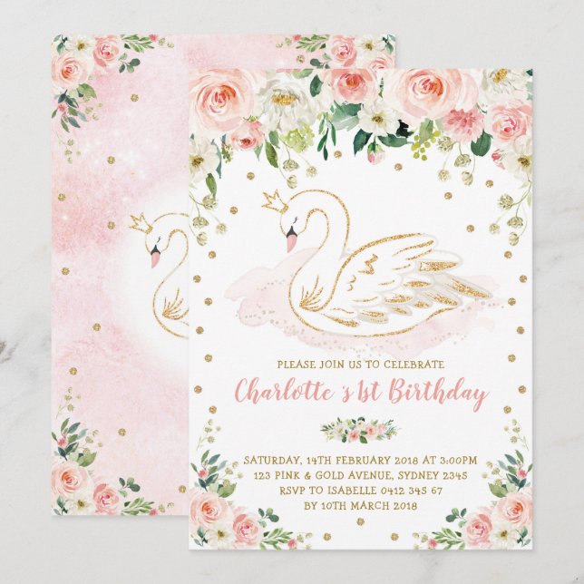 Pretty Swan / Blush Pink Gold Floral Girl Birthday Invitation (Front/Back)