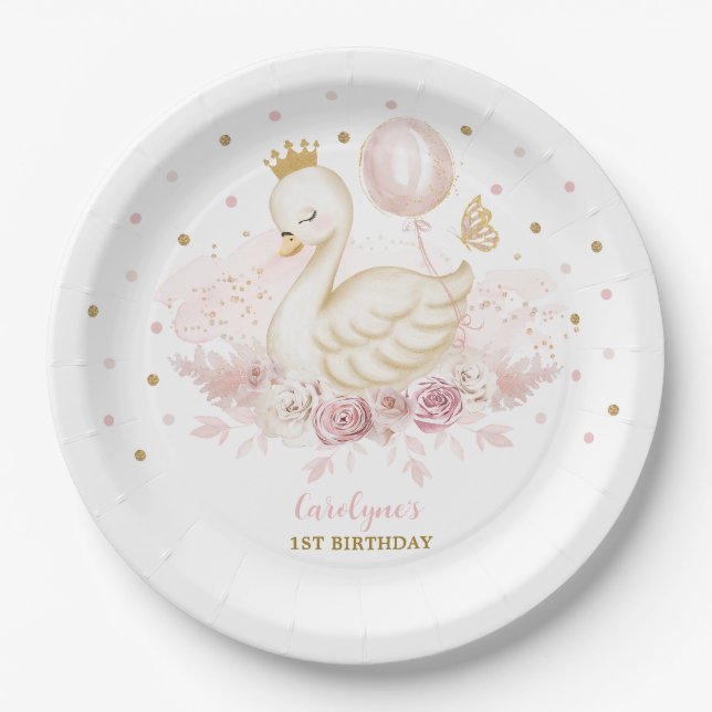 Pretty Swan Princess Blush Gold Balloon Birthday Paper Plate (Front)