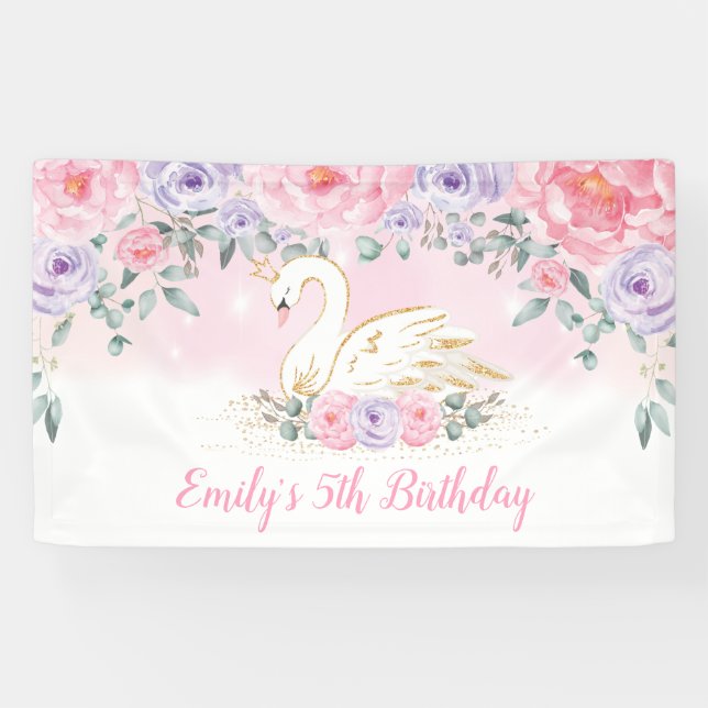 Pretty Swan Princess Pink Purple Birthday Welcome Banner (Horizontal)