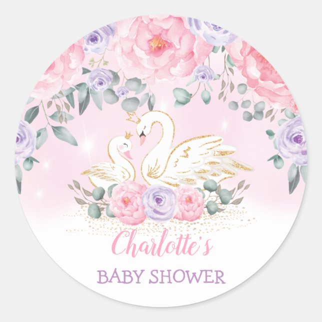 Pretty Swan Princess Purple Pink Floral Favours Classic Round Sticker (Front)