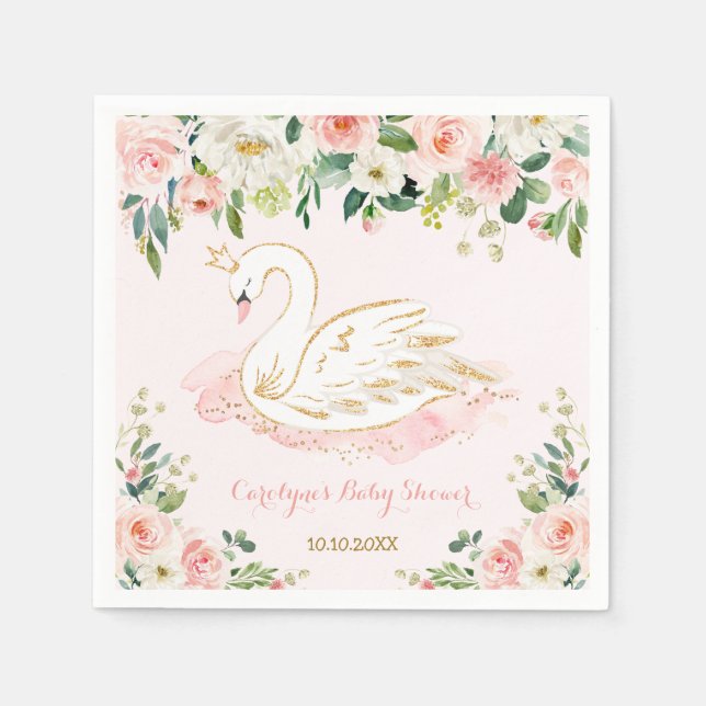 Pretty Swan Princess Watercolor Rose Baby Shower Napkin (Front)