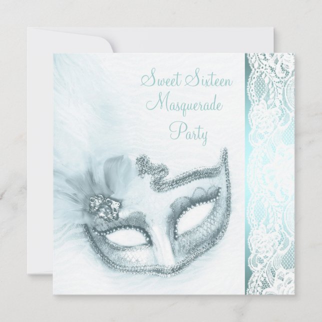 Pretty Sweet Sixteen Teal Blue Masquerade Party Invitation (Front)