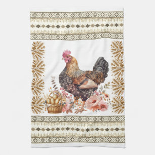 Pretty Tan Gold Brown Chicken Hen Slavic Pattern Tea Towel