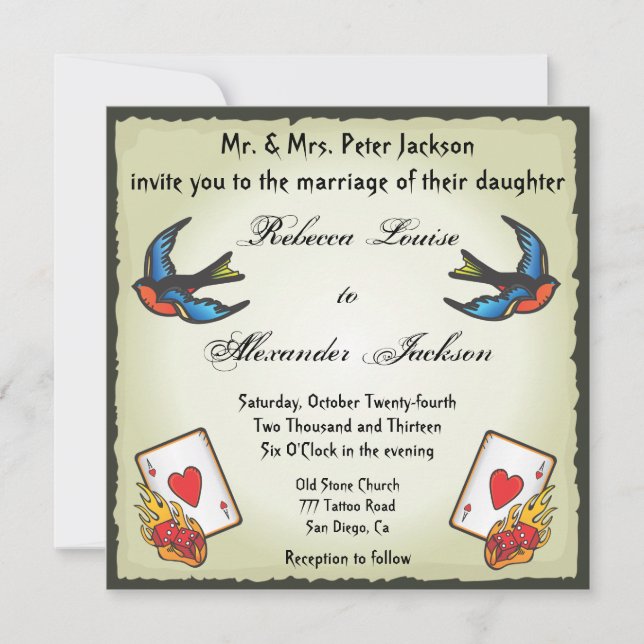 Pretty Tattoo Wedding Invitation Vegas Style (Front)