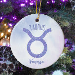 Pretty Taurus Astrology Sign Personalised Purple Ceramic Tree Decoration<br><div class="desc">This pretty,  personalised purple and lavender Taurus Christmas ornament features your astrological sign from the Zodiac in a beautiful sparkle like the constellations. Customise this cute astrology symbol gift with your name in beautiful cursive script for someone with a late April or early May birthday.</div>