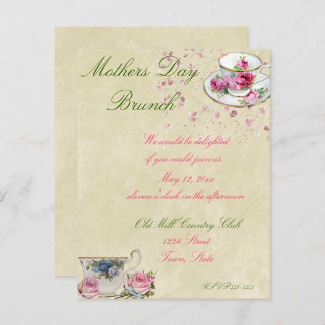 Pretty Tea Cups, Mother's Day or Wedding Brunch Invitation (Front/Back)