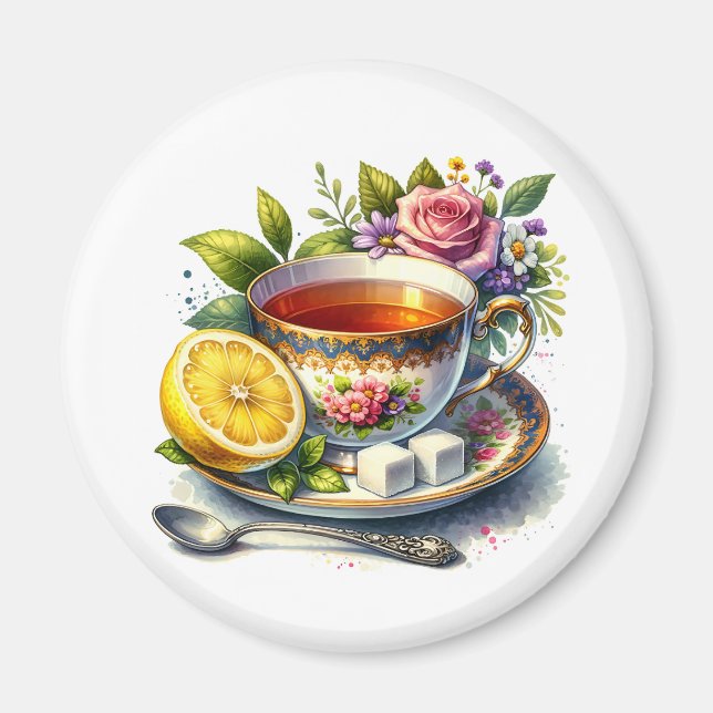 Pretty teacup of Tea with Lemon  Magnet (Front)