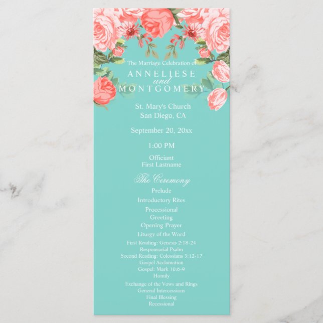 Pretty Teal and Coral Floral Design - Program Programme (Front)