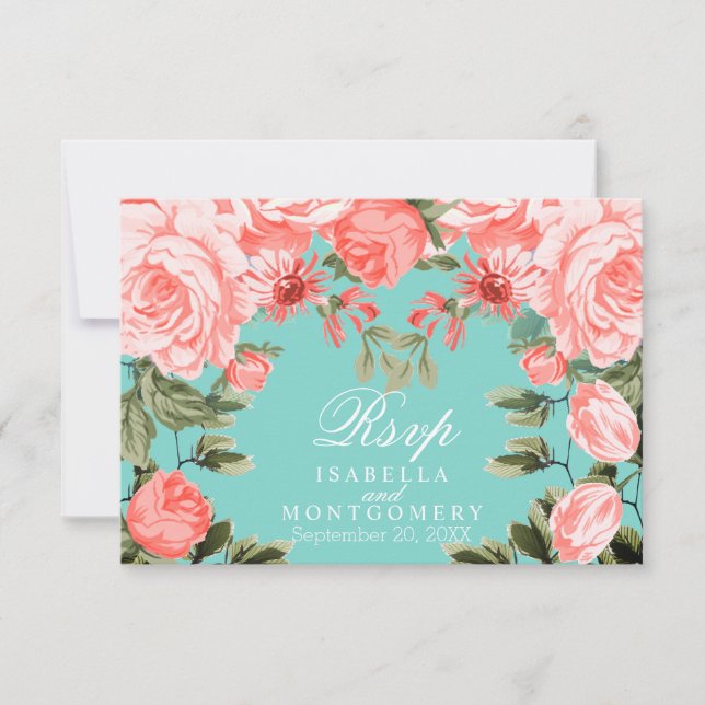 Pretty Teal and Coral Floral Design - RSVP (Front)