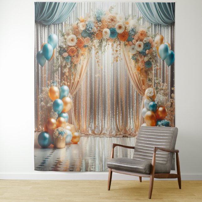 Pretty Teal and Orange Floral Balloon Arch Hanging Tapestry (In Situ)