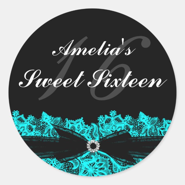 Pretty Teal & Black Lace Sweet 16 Sticker (Front)