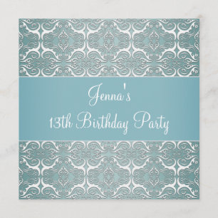 Pretty Teal Blue Damask 13th Birthday Party Invitation