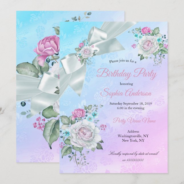 Pretty Teal Blue Floral Purple Pink Birthday Party Invitation (Front/Back)