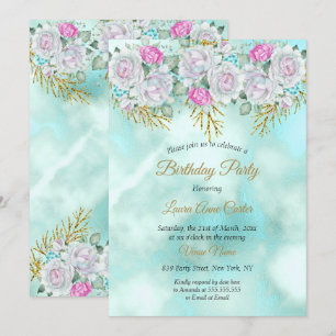 Pretty Teal Blue Gold Floral Pink Birthday Party Invitation