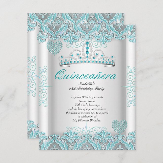 Pretty Teal Blue Quinceanera Party Tiara Hearts Invitation (Front/Back)