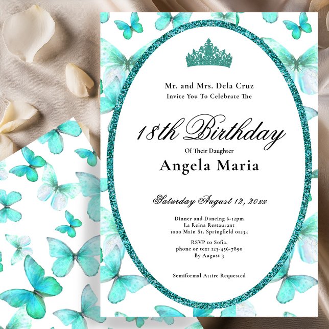 Pretty Teal Butterflies 18th Birthday Debut Invitation (Creator Uploaded)