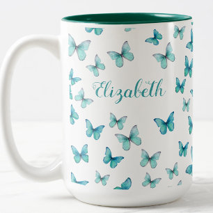 Pretty Teal Butterflies Custom Name Coffee Two-Tone Coffee Mug