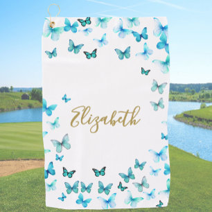 Pretty Teal Butterflies Custom Name Golf Towel