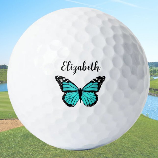Pretty teal butterfly with custom name ladies golf balls (Creator Uploaded)