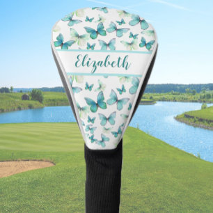Pretty teal butterfly with custom name ladies golf head cover