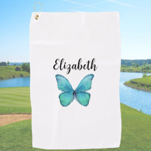 Pretty teal butterfly with custom name ladies golf towel