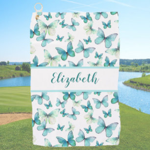 Pretty teal butterfly with custom name ladies  golf towel