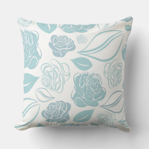 Pretty Teal Green and White Roses and Leaves Cushion